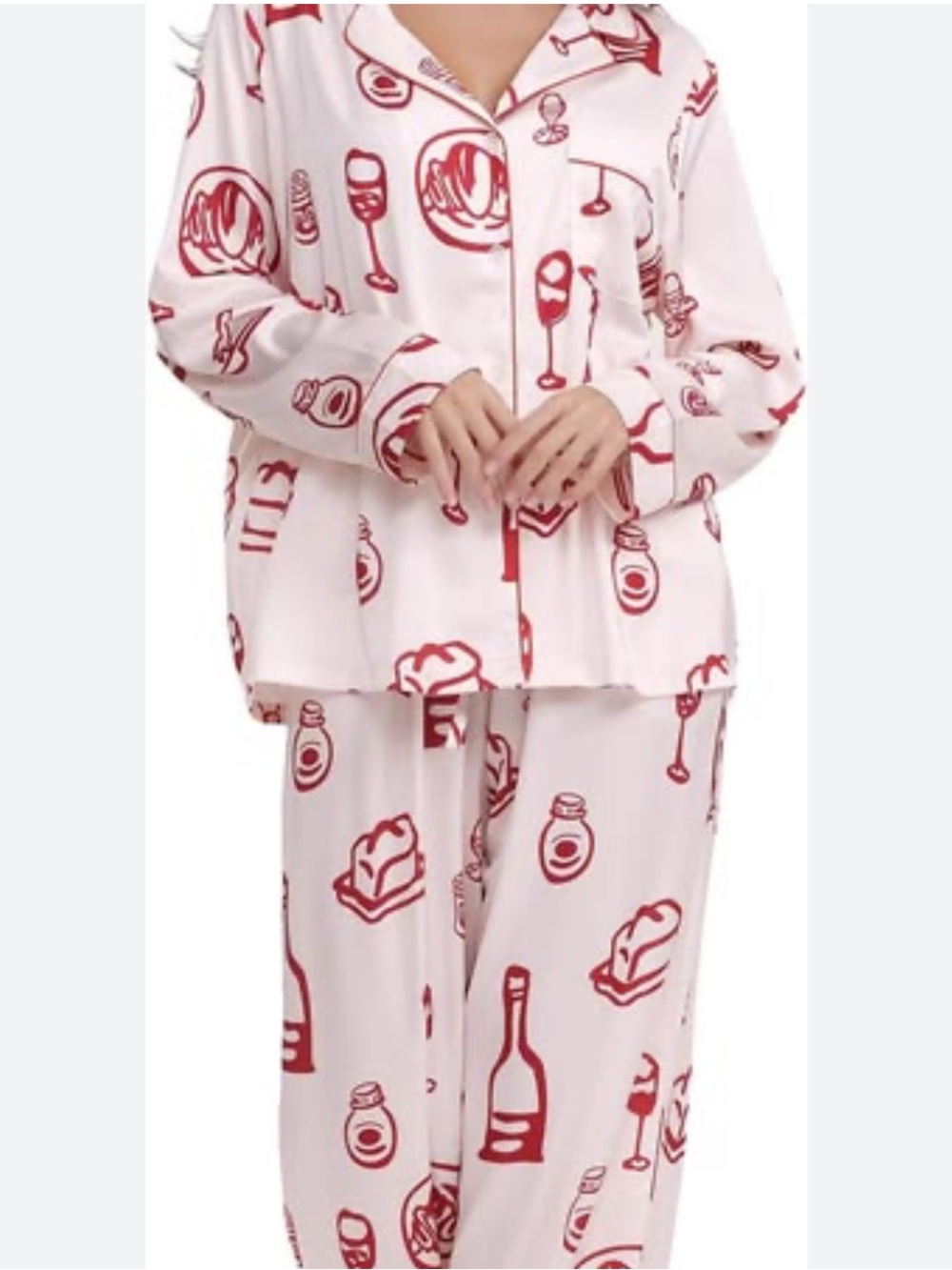 Womens pink red satin wine tasting brunch long sleeve long pants pajamas medium